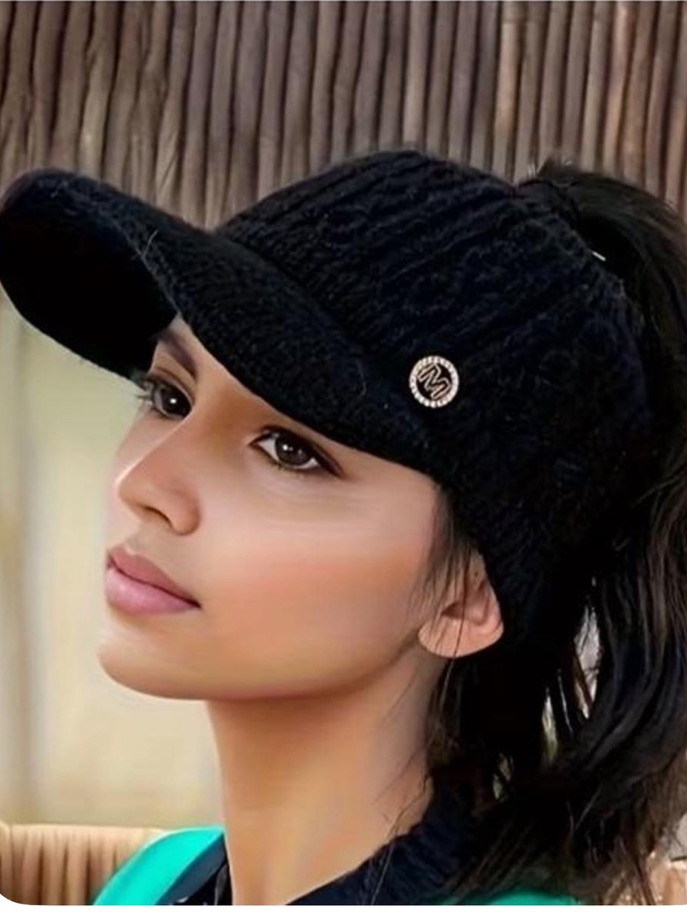 New Wool Knitted Black Visor Cap Ponytail Béisbol Hat Winter Snow Ski Holiday
